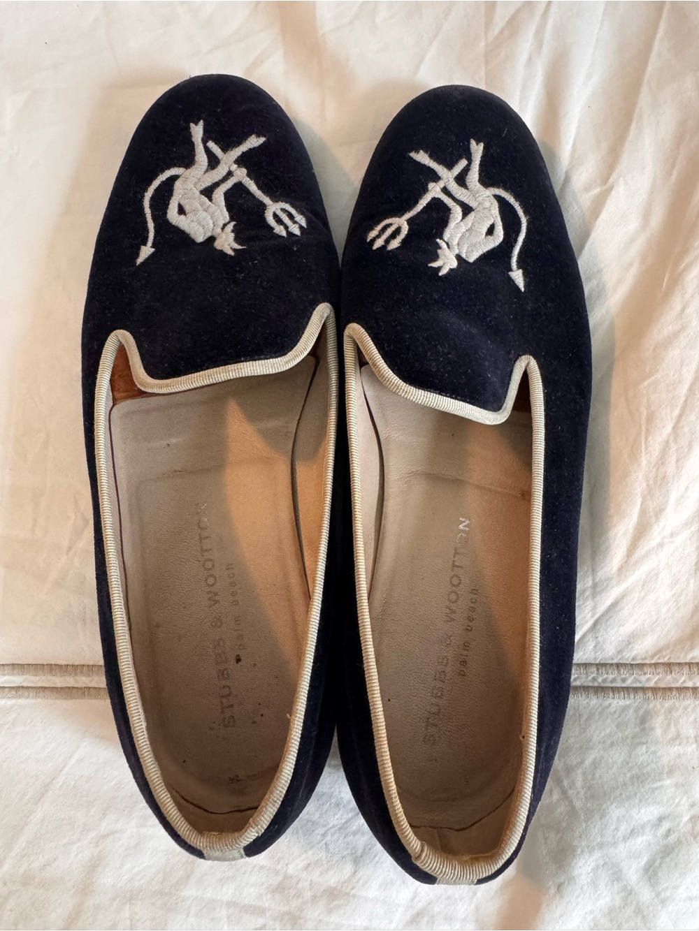 Men's Stubbs and Wootton Navy Velvet Embroidered Loafers
